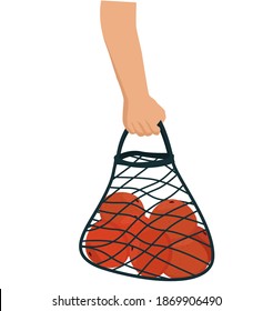 String or turtle bag full of tangerines, oranges or citrus. Vector flat illustration on a white background.  Stylish mesh accessory for carrying shopping, eco-friendly mesh fruit bag.