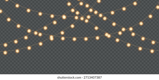 String of warm yellow glowing lights on transparent background