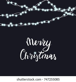 String white garland and lettering isolated on black background. Vector illustration of Christmas, New Year party decoration with transparency. Glowing light for card design. Lights border.