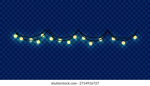 Una cadena de luces de hada amarillas con un suave resplandor cuelga sobre un fondo a cuadros azul oscuro, creando una atmósfera festiva