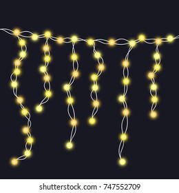 String yellow garland  isolated on black background. Vector illustration of Christmas, New Year party decoration with transparency. Glowing light for card design. Lights border