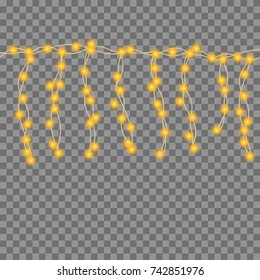 String yellow garland and text space isolated on background. Vector illustration of Christmas, New Year party decoration with transparency. Glowing light for card design. Lights border