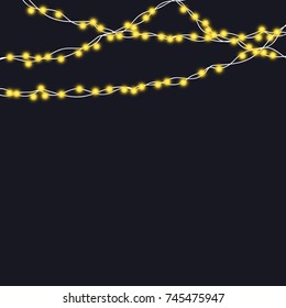 String yellow garland and text space isolated on black background. Vector illustration of Christmas, New Year party decoration with transparency. Glowing light for card design. Lights border