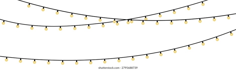 String of yellow glowing light bulbs on black wires against white background string lights yellow lights