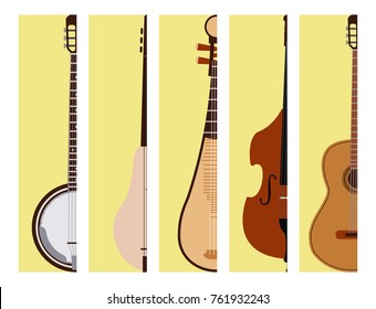 Stringed dreamed musical instruments cards classical orchestra art sound tool and acoustic symphony fiddle wooden equipment vector illustration