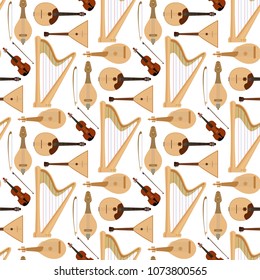 Stringed dreamed musical instruments classical orchestra art sound tool acoustic symphony seamless pattern background wooden equipment vector illustration