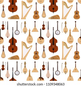 Stringed dreamed musical instruments classical orchestra art sound tool acoustic symphony seamless pattern background wooden equipment vector illustration
