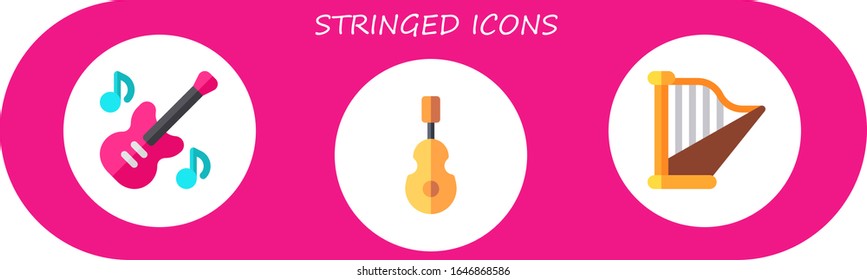 stringed icon set. 3 flat stringed icons. Included bass guitar, instrument, harp icons