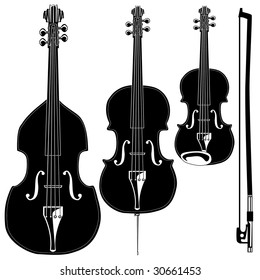 Stringed instruments in detailed vector silhouette.  Set includes violin, viola, cello, upright bass, and bow.