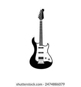 Stringed musical instrument logo illustration, electric guitar silhouette suitable for music stores and communities