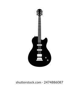 Stringed musical instrument logo illustration, electric guitar silhouette suitable for music stores and communities