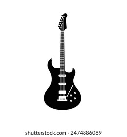 Stringed musical instrument logo illustration, electric guitar silhouette suitable for music stores and communities