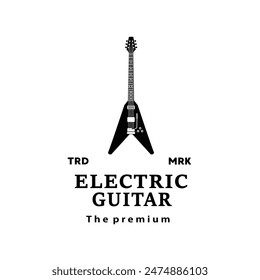 Stringed musical instrument logo illustration, electric guitar silhouette suitable for music stores and communities