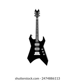 Stringed musical instrument logo illustration, electric guitar silhouette suitable for music stores and communities