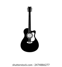 Stringed musical instrument logo illustration, acoustic guitar silhouette suitable for music stores and communities