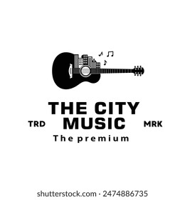 Stringed musical instrument logo illustration, the city music guitar silhouette suitable for music stores and communities