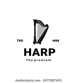 Stringed musical instrument logo illustration, harp silhouette suitable for music stores and communities