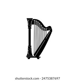 Stringed musical instrument logo illustration, harp silhouette suitable for music stores and communities