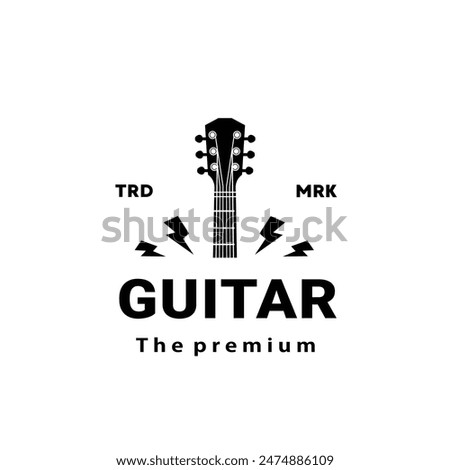 Stringed musical instrument logo illustration, electric guitar silhouette suitable for music stores and communities