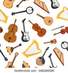 Stringed Musical Instrument With Strings, Bluegrass Mandolin, Banjo And Lute, Guitar Seamless Pattern Vector Illustration. String Musical Instruments Isolated On White Background.