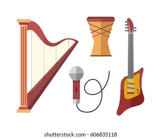 Stringed musical instruments classical harp orchestra art sound tool and acoustic symphony stringed fiddle wooden equipment vector illustration.