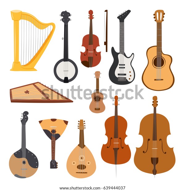 Stringed musical\
instruments classical orchestra tool equipment vector illustration\
isolated on white
