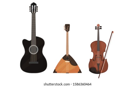 Stringed Musical Instruments Isolated On White Background Vector Set