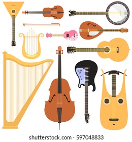 Stringed musical instruments set classical orchestra art sound tool and acoustic symphony stringed fiddle wooden equipment vector illustration