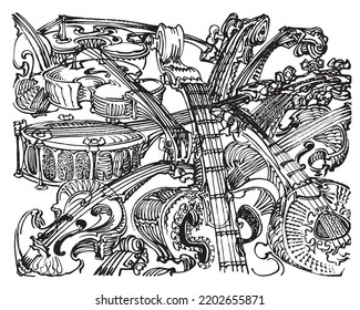 Stringed musical instruments still life, freehand drawn brush marker based imaginary illustration 