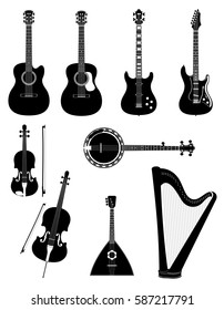 stringed musical instruments stock black outline silhouette vector illustration isolated on white background