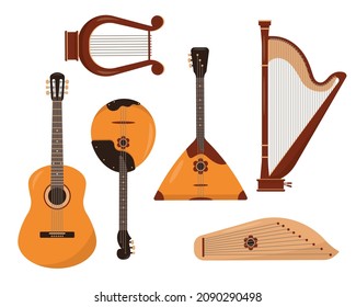 Streicherreihendes Musikinstrumentenset. Gitarre mit sechs Saiten, Harfe und Lyrik, Balalaika, Domra und Gusli-Symbole einzeln auf weißem Hintergrund. Vektorgrafik im flachen oder Cartoon-Stil.