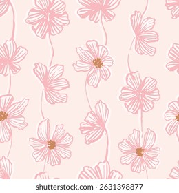 Strings of delicate bloomed flowers hanging vertically, forming a minimalist floral pattern in colors of pink, off white and brown on cream background. Seamless vector pattern. Great for home decor.