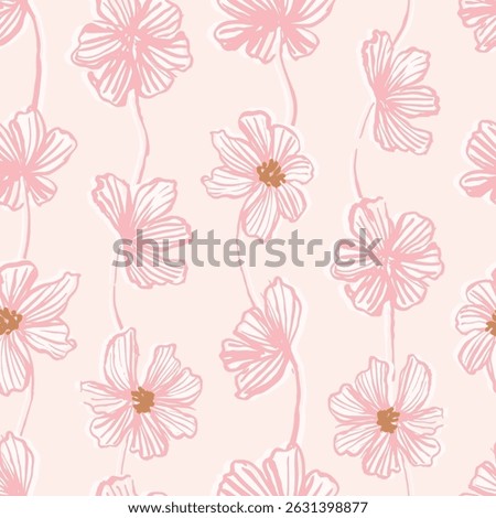 Strings of delicate bloomed flowers hanging vertically, forming a minimalist floral pattern in colors of pink, off white and brown on cream background. Seamless vector pattern. Great for home decor.