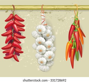 Strings of garlic and red peppers