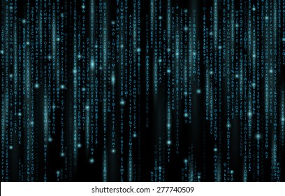 Strings of glowing code falled on screen. Encoding process vector background