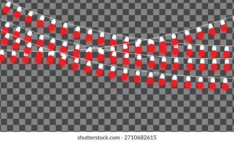 Strings of glowing red Christmas lights draped across a transparent checkered background, creating a festive and celebratory atmosphere.