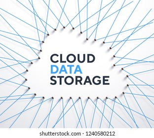 A lot of strings making the shape of a cloud. Creative frame for your design, realistic vector string art. Threads and nails illustration.