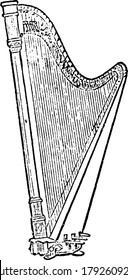 Strings of the stringed musical instrument that is plucked by fingers, to produce sound and music. It has a number of such individual strings that are at an angle to its soundboard.