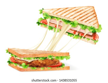 Stringy cheese chicken sandwich in 3d illustration on white background