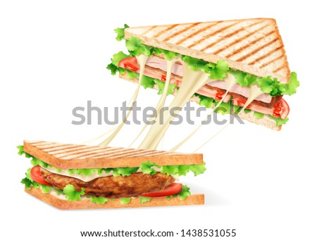 Stringy cheese chicken sandwich in 3d illustration on white background