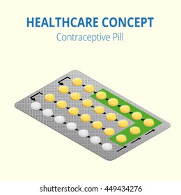 Streifen von 28 Verhütungspille. Flache 3D-Vektorgrafik. Gesundheitskonzept. Pillen nehmen