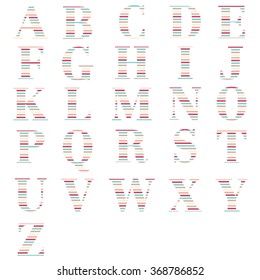 Strip alphabet colorful font, Capital letter A, B, C, D, E, F, G, H, I, J, K, L, M, N, O, P, Q, R, S, T, U, V, W, X, Y, Z. Vector illustration.
