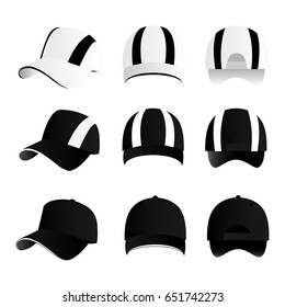 Strip baseball cap black color with colored mesh and adjustable rubber strap isolated vector set