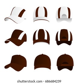 Strip baseball cap brown color with colored mesh and adjustable rubber strap isolated vector set