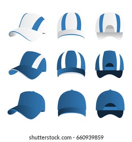 Strip baseball cap light blue color with colored mesh and adjustable rubber strap isolated vector set