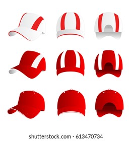 Strip baseball cap red color with colored mesh and adjustable rubber strap isolated vector set