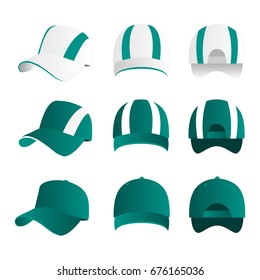 Strip baseball cap teal color with colored mesh and adjustable rubber strap isolated vector set