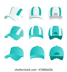 Strip baseball cap turquoise color with colored mesh and adjustable rubber strap isolated vector set