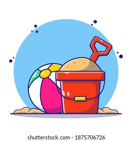 A strip beach ball, sand bucket, and shovel, summer toys, or sand toys. Summer vacation, kid toys, playing, fun. Summer icon concept illustration. Flat cartoon vector illustration isolated.
