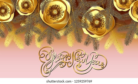 Strip, border, winter map with the inscription, congratulatory text happy New year and Christmas 2019. Gold flowers and the branches of spruce on a gentle winter background.